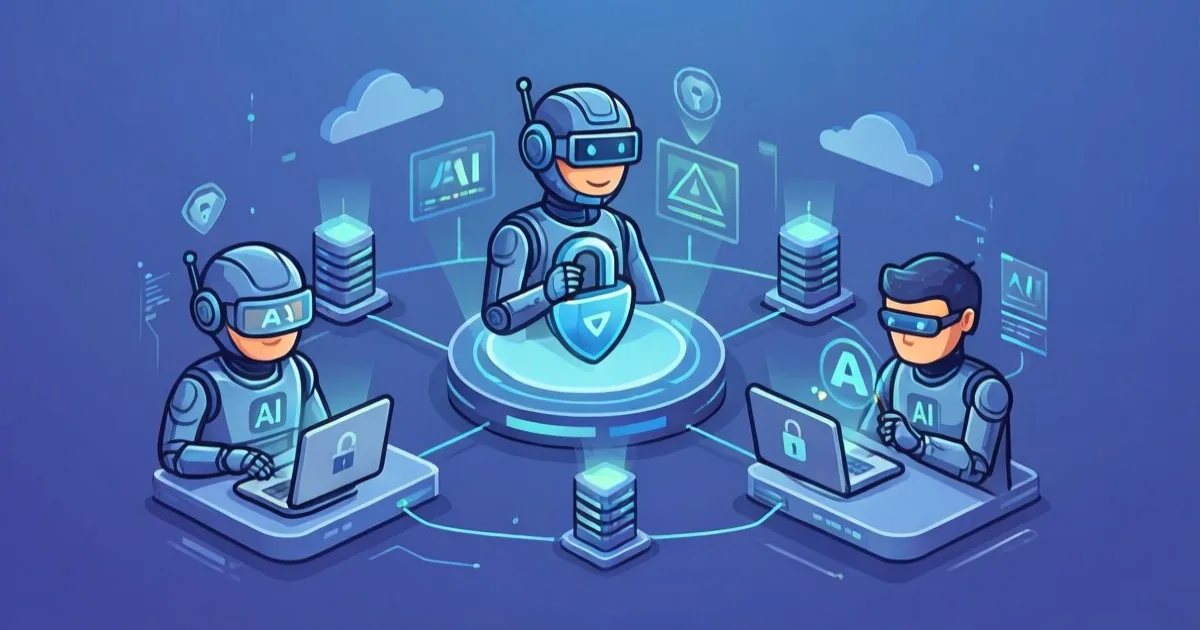 a secure enterprise network with three coordinated AI agents inspecting risks, clean flat illustration, no text or logos