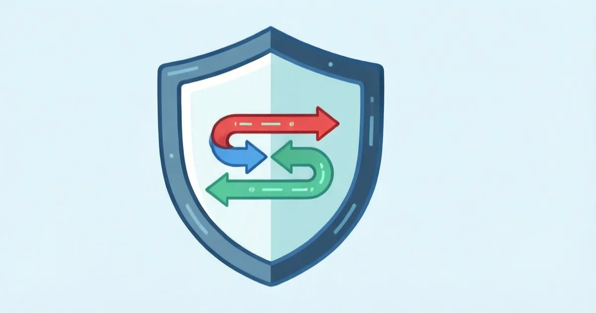 a software code shield with red blue and green workflow arrows, clean flat illustration, no text or logos