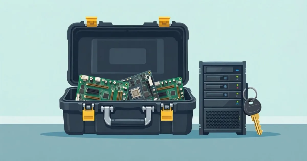 開いた工具箱と交換可能な計算機の部品。その隣に鍵の付いた小さなサーバーラックがある。自由な交換と運用管理を表す、文字なしの静物写真風