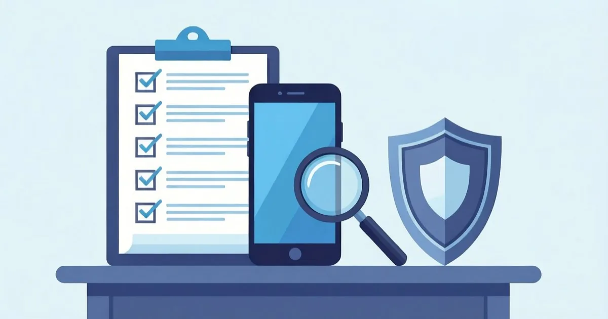 a checklist on a desk showing new phone login verification before the old phone is securely erased, clean flat illustration, no text or logos