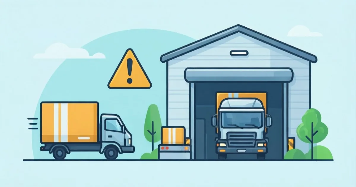 a frozen food distribution warehouse with a warning icon and delayed shipping trucks, clean flat illustration, no text or logos