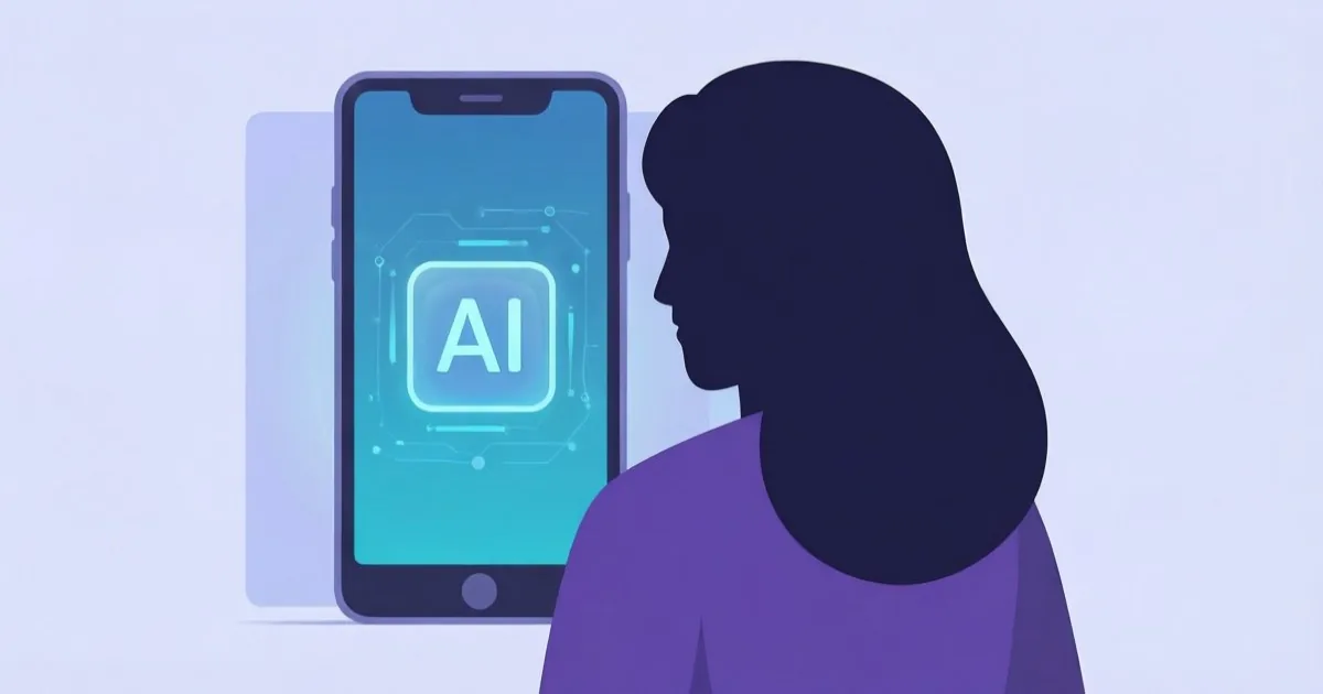 スマートフォンの画面にAIチャットのアイコンと、それを見守る保護者のシルエットのイラスト、フラットなイラスト