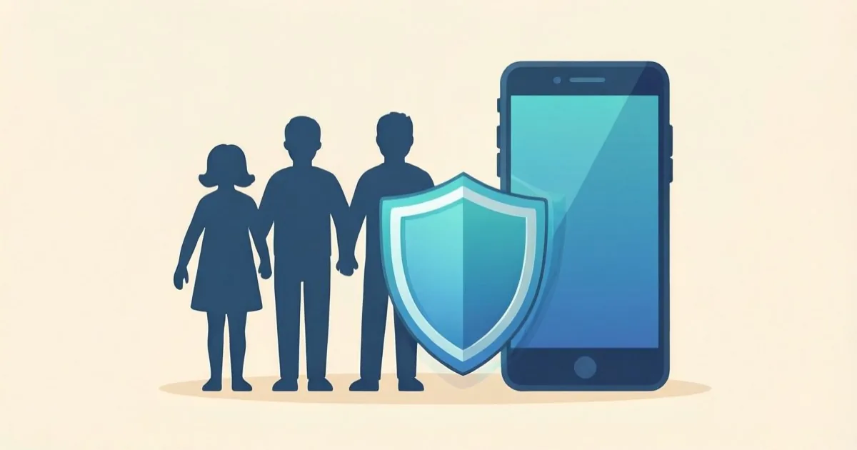 家族のシルエットとスマートフォン、その間に安全を示す盾のアイコンのイラスト、フラットなイラスト