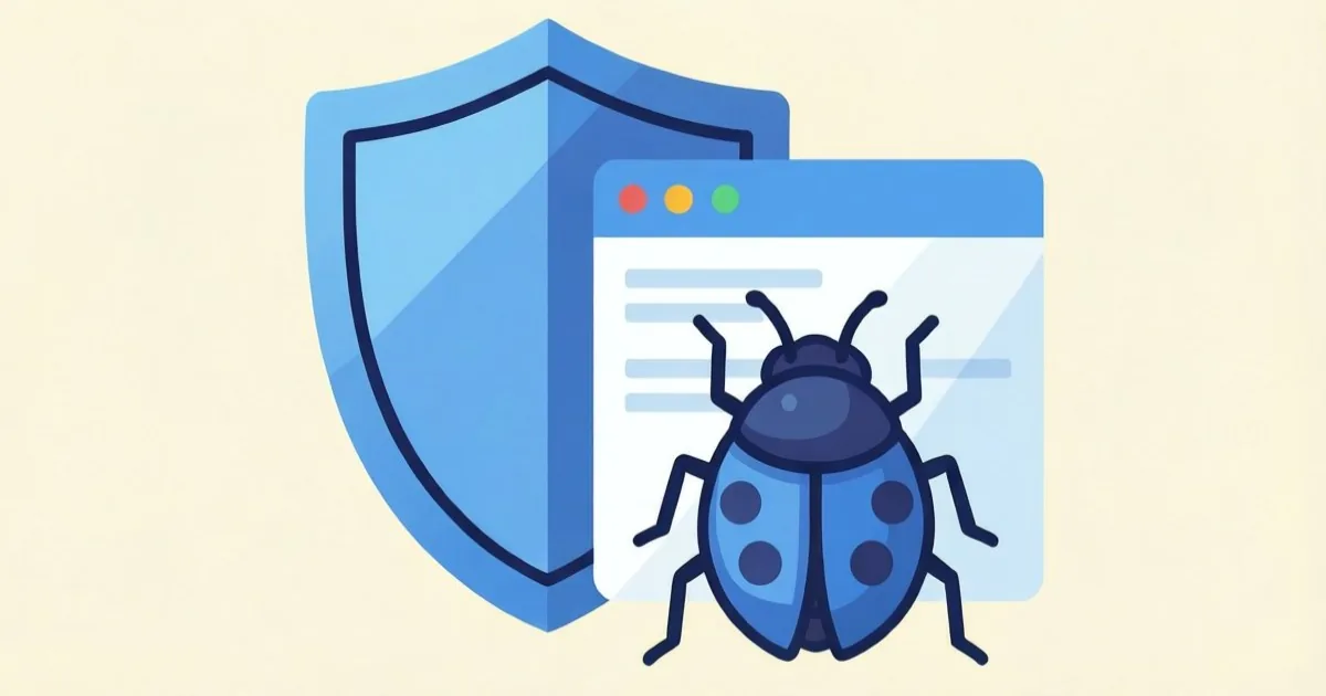 a shield protecting a web browser icon from a bug-shaped threat, clean flat illustration, no text or logos