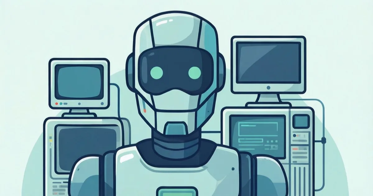 覆面をかぶった抽象的なロボットのアイコンが、無数のコンピューター端末に囲まれているイメージ、フラットなイラスト