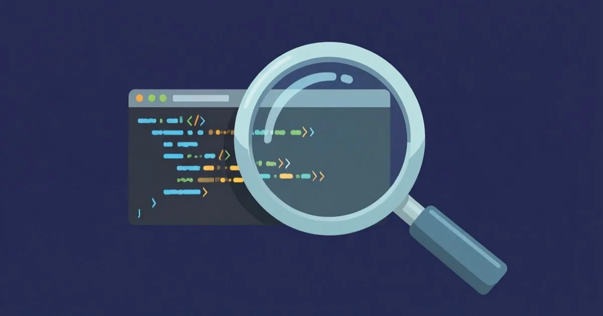 虫眼鏡でソースコードの断片を調べている人物のイメージ、フラットなイラスト