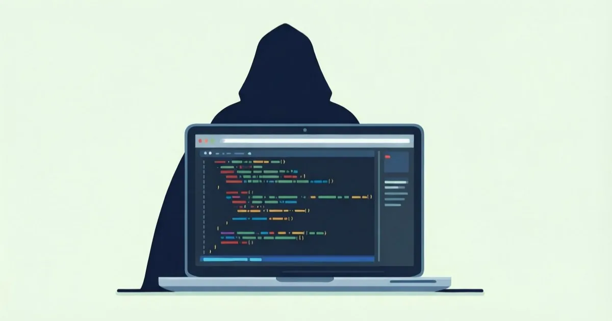 ノートパソコンでコードを書くエンジニアの後ろに、正体を隠したシルエットが立っているイメージ、フラットなイラスト