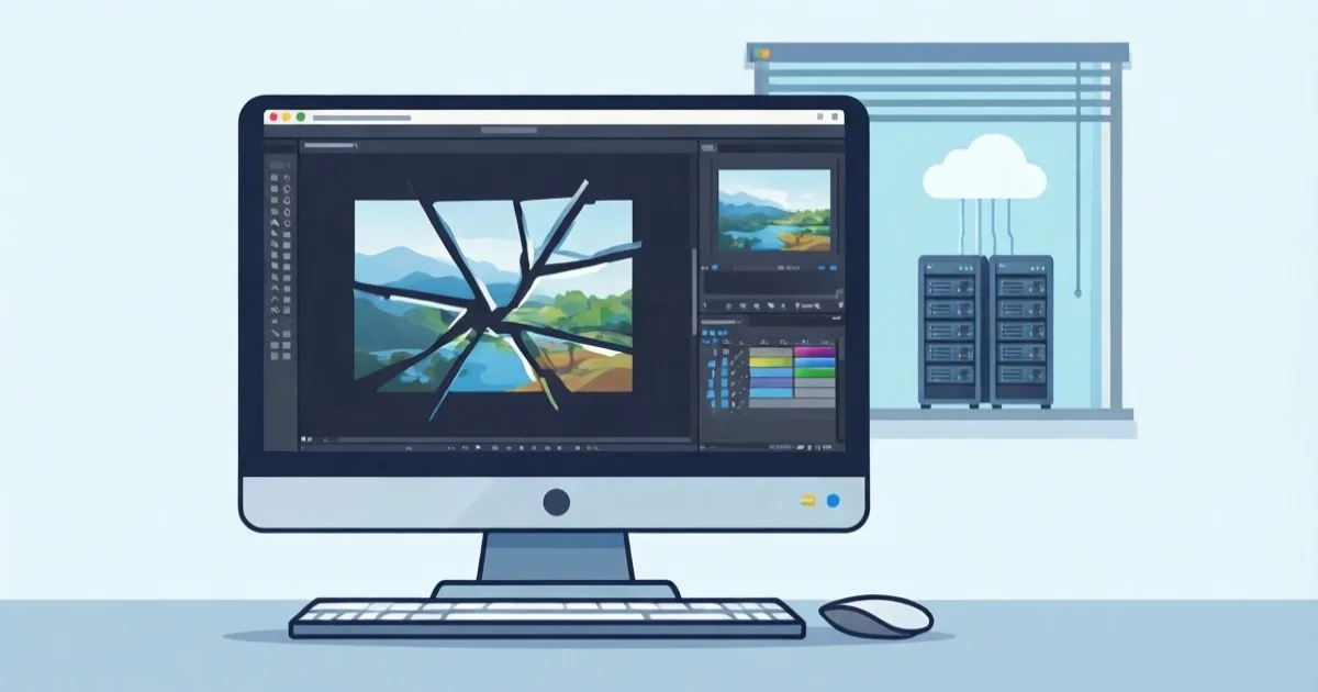 写真編集用のデスクトップPCと、その内部で画像の断片が処理されるイメージ。窓の外に遠いクラウド設備を小さく置き、画面に文字は入れない
