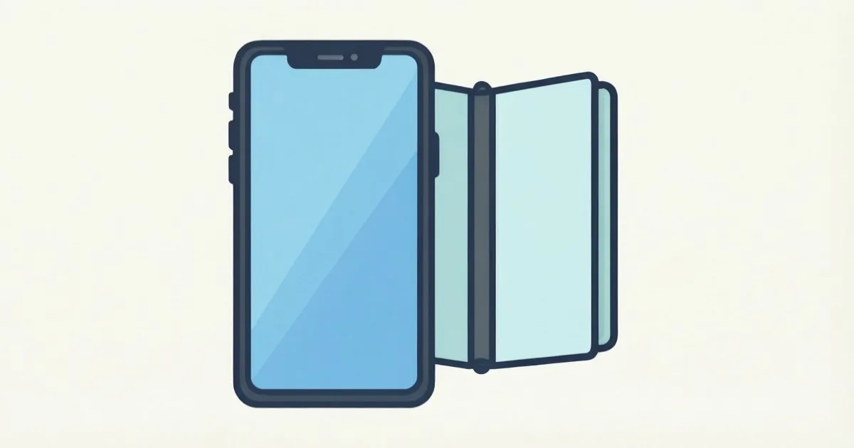 a smartphone with a redesigned thin camera bar next to a folding phone silhouette, clean flat illustration, no text or logos