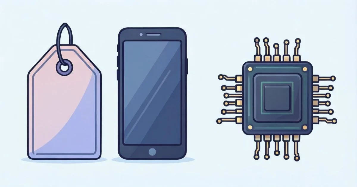 価格タグのアイコンとスマートフォン、新しいチップのイラスト