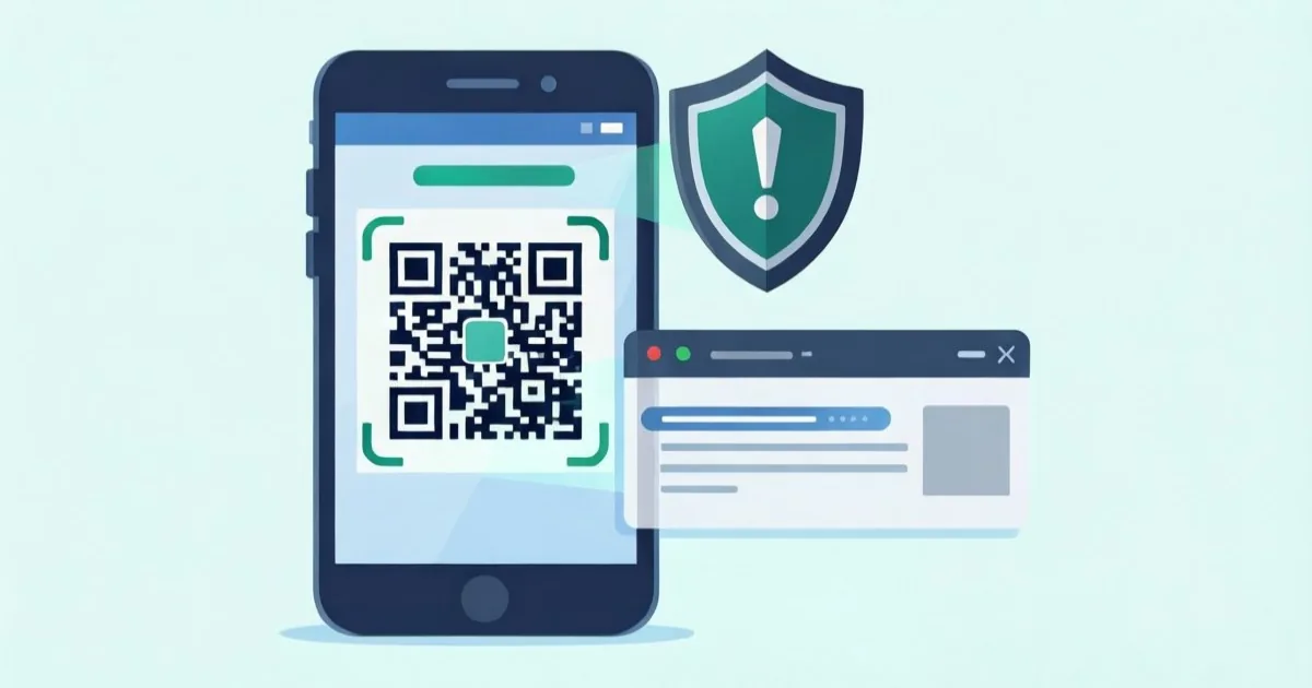 a smartphone scanning a QR code with a warning shield and a suspicious web address preview, clean flat illustration, no text or logos