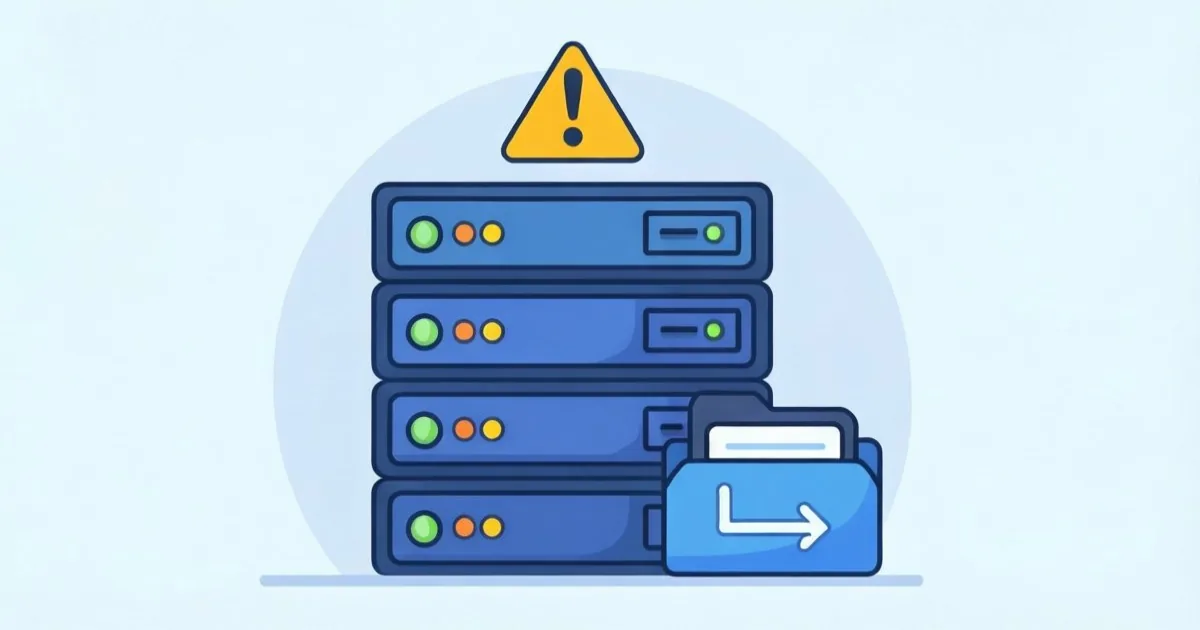 a server rack with a warning icon over a file upload icon representing a critical web framework vulnerability, clean flat illustration, no text or logos