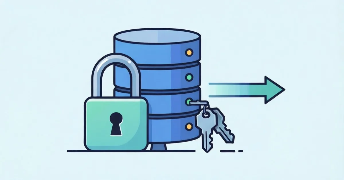 a padlock icon protecting a database and API keys from an incoming file upload arrow, clean flat illustration, no text or logos
