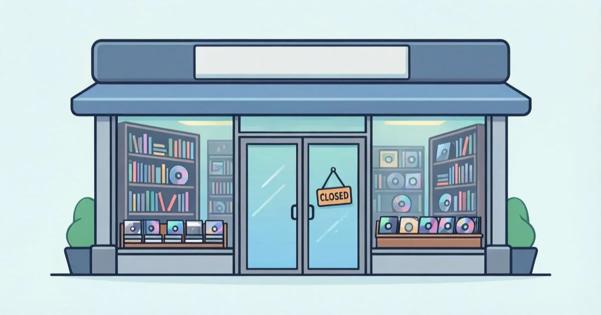 a bookstore and CD shop storefront with a temporary closed sign, clean flat illustration, no text or logos