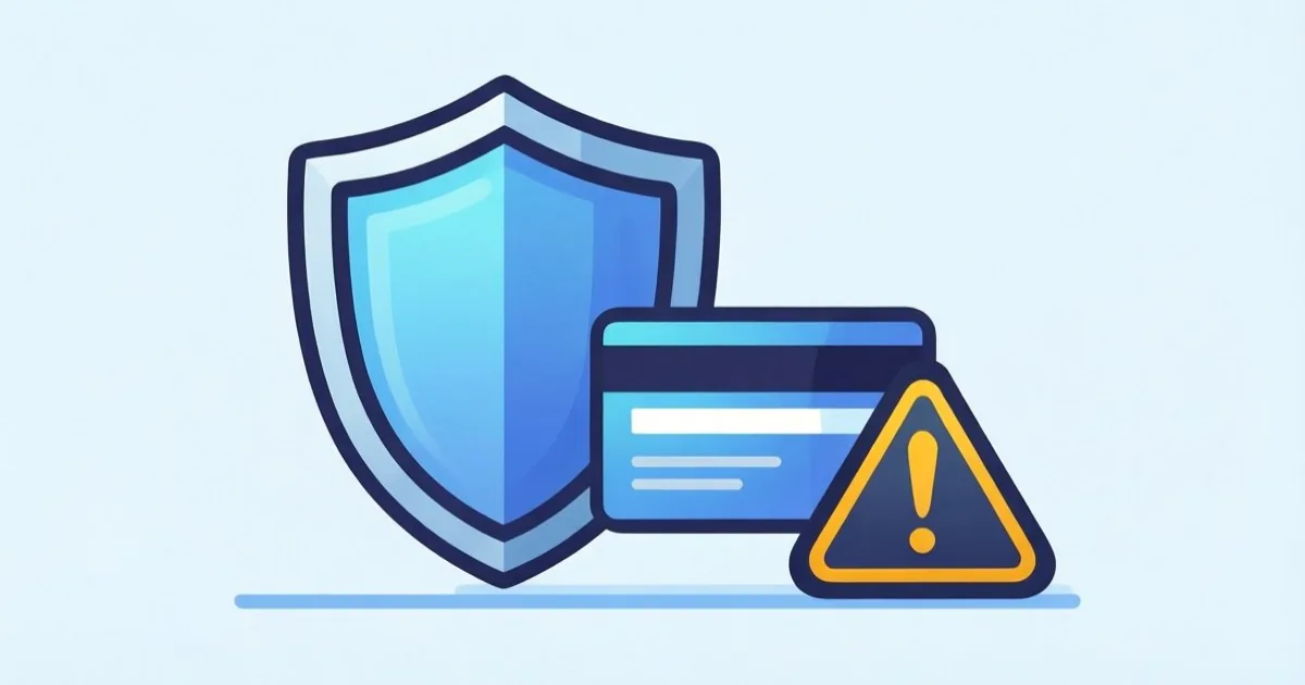 a shield icon protecting a customer data card next to a warning symbol, clean flat illustration, no text or logos