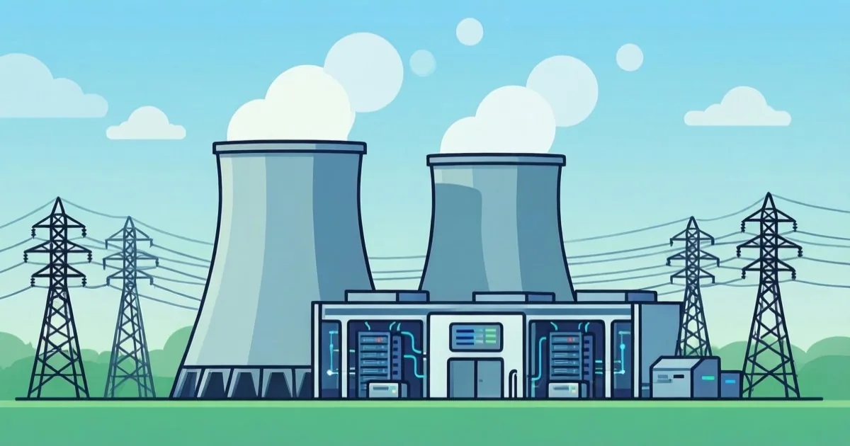 a Texas data center campus under construction with cooling towers and power lines, clean flat illustration, no text or logos