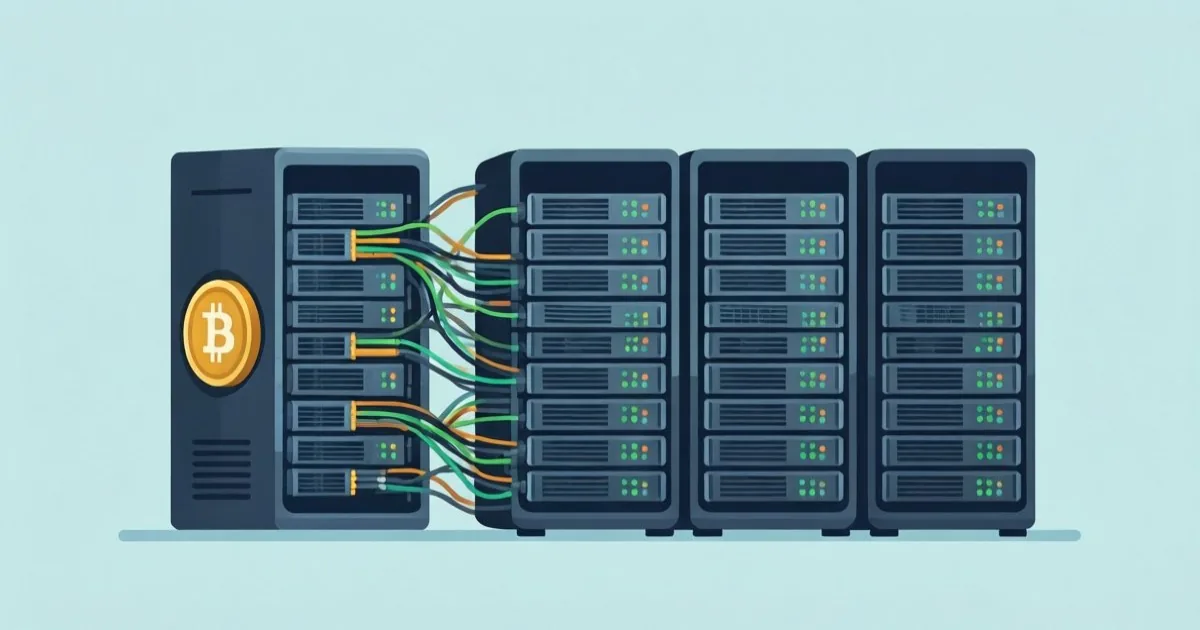 a bitcoin mining rig transforming into AI server racks, clean flat illustration, no text or logos