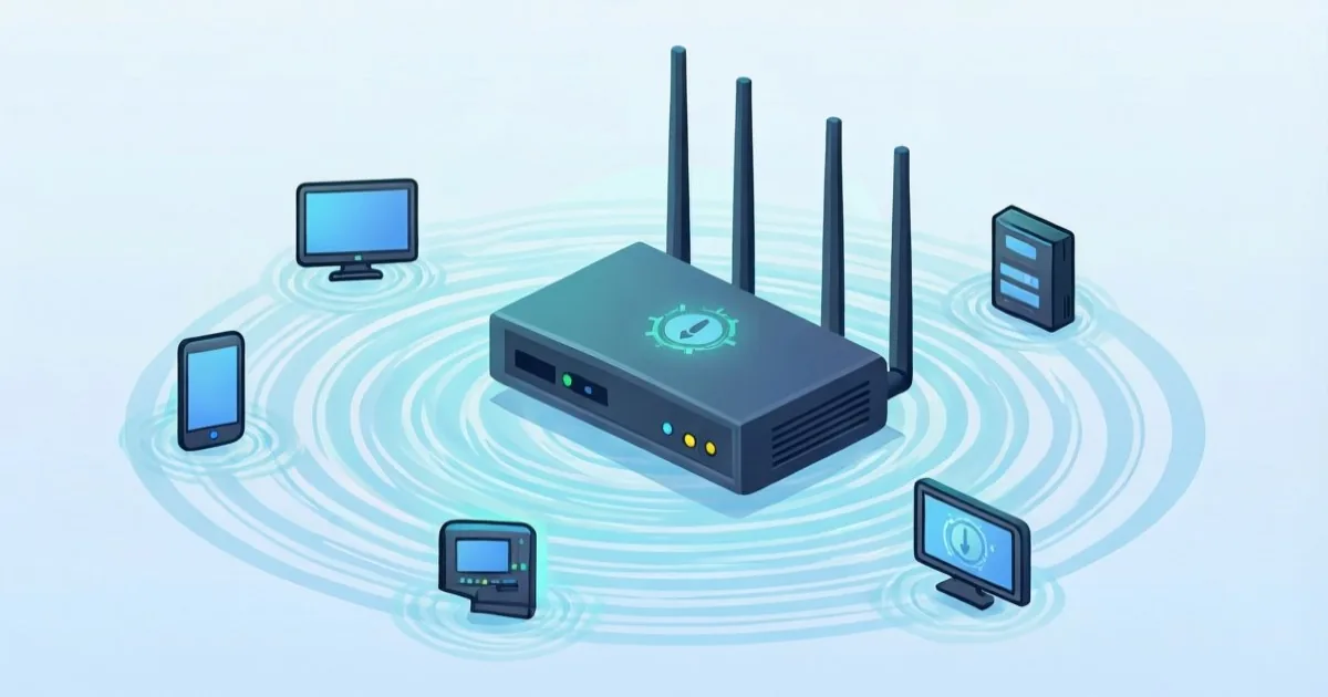 乗っ取られたルーターから広がる警告の波紋と複数の機器アイコン