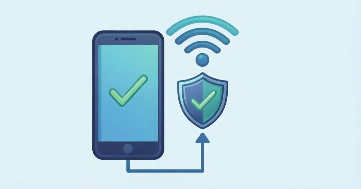 a smartphone choosing an official cafe Wi-Fi network, with a check mark on the network name and a shield icon, clean flat illustration