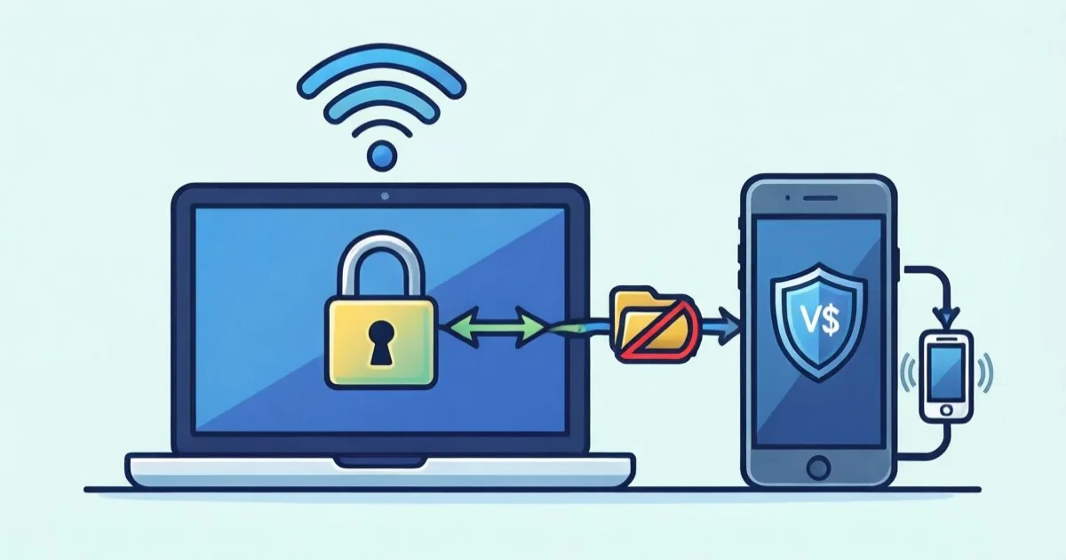a laptop and smartphone on public Wi-Fi with file sharing disabled, HTTPS lock, mobile data fallback, and a VPN shield, no text or logos