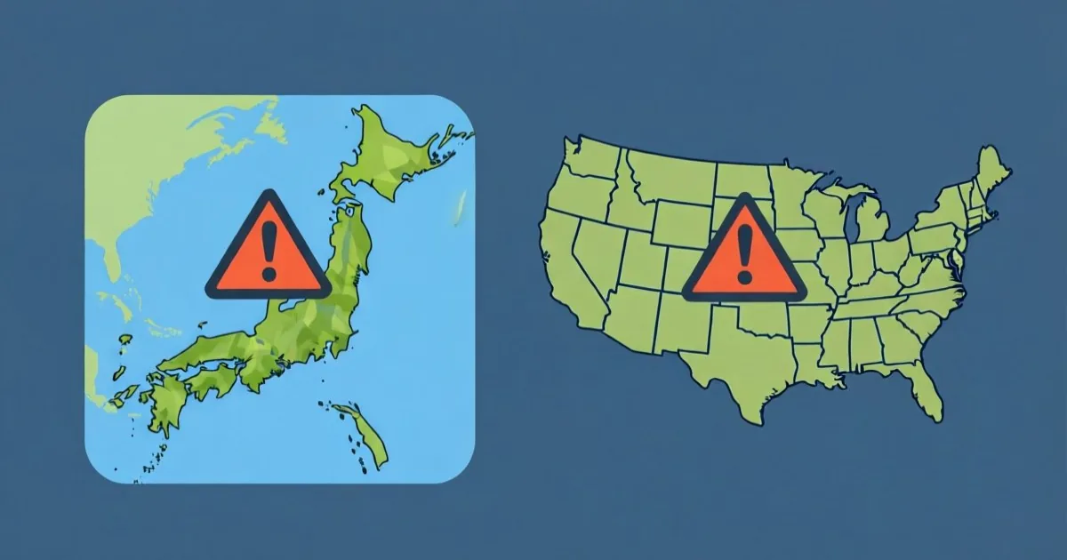 日本地図とアメリカ地図の2箇所に警告アイコンが立っているイメージ、フラットなイラスト