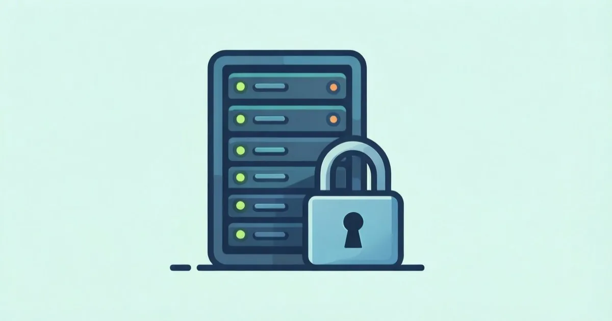 サーバーラックのアイコンと、その奥に別のロックされたデータベースのアイコンが隠れているイメージ、フラットなイラスト