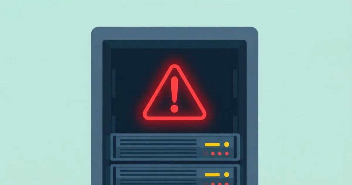 a server rack with a red intrusion warning icon glowing on one unit, clean flat illustration, no text or logos