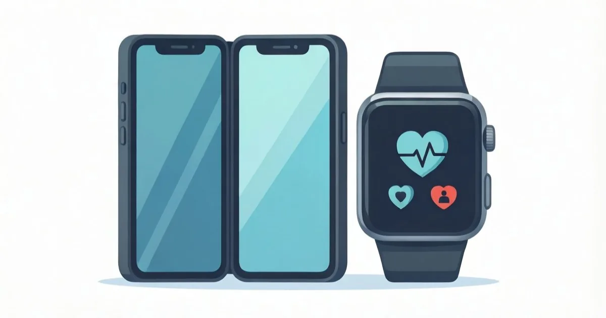 a folded and unfolded smartphone next to a smartwatch displaying health tracking icons, clean flat illustration, no text or logos