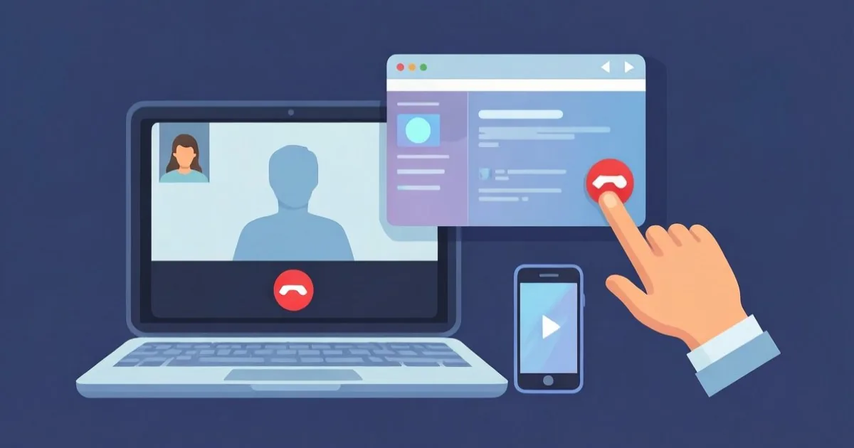 a person checking the shared application window during a video call and pressing stop sharing afterward, simple laptop and phone, clean flat illustration, no text or logos