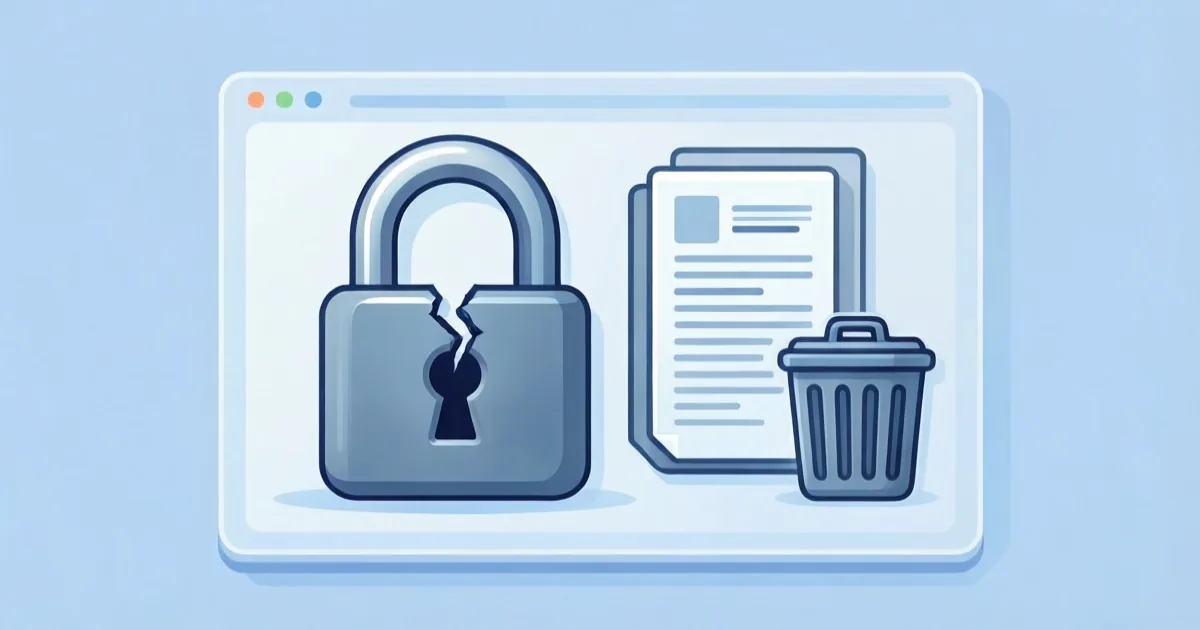 an office document management software interface with a broken padlock icon, clean flat illustration, no text or logos