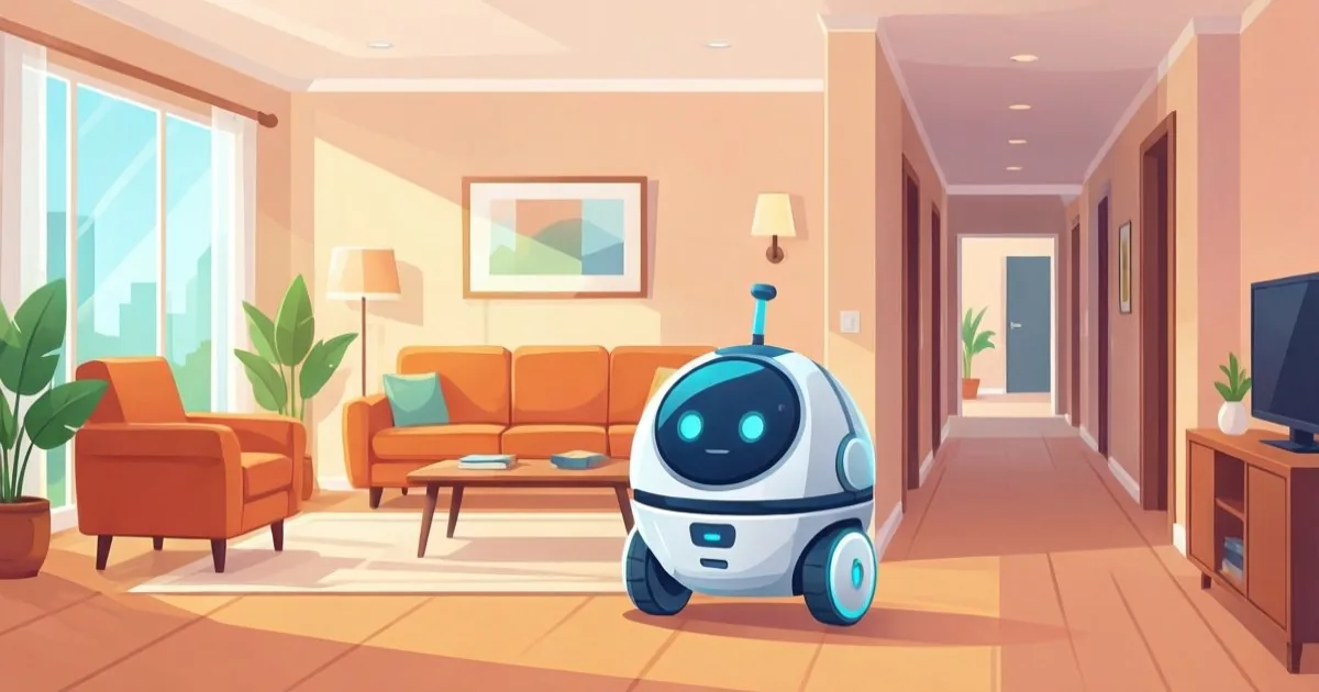 架空の小さな丸い家庭用ロボットが、明るいリビングから廊下へ向かう。実在製品を再現せず