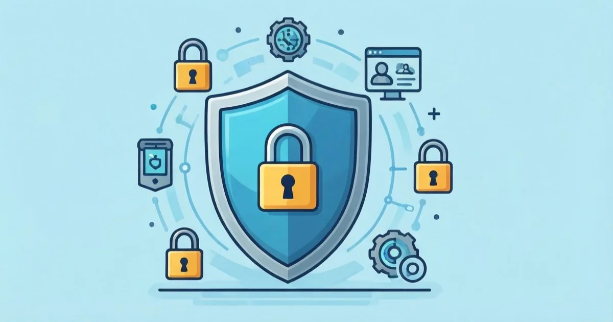a shield icon protecting multiple different service icons each with a unique padlock, clean flat illustration, no text or logos