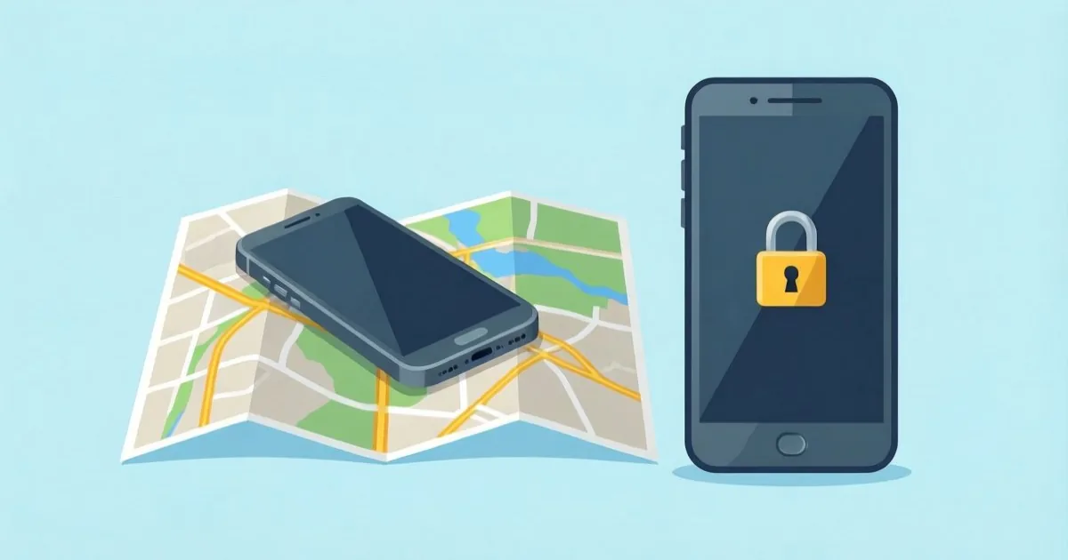 a smartphone shown as lost on a map beside a second phone displaying a lock action, clean flat illustration, no text or logos