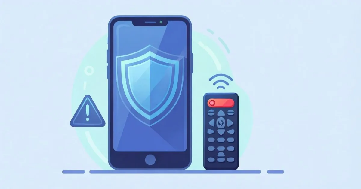 a protected smartphone with a remote erase button, account shield, and warning symbol, clean flat illustration, no text or logos