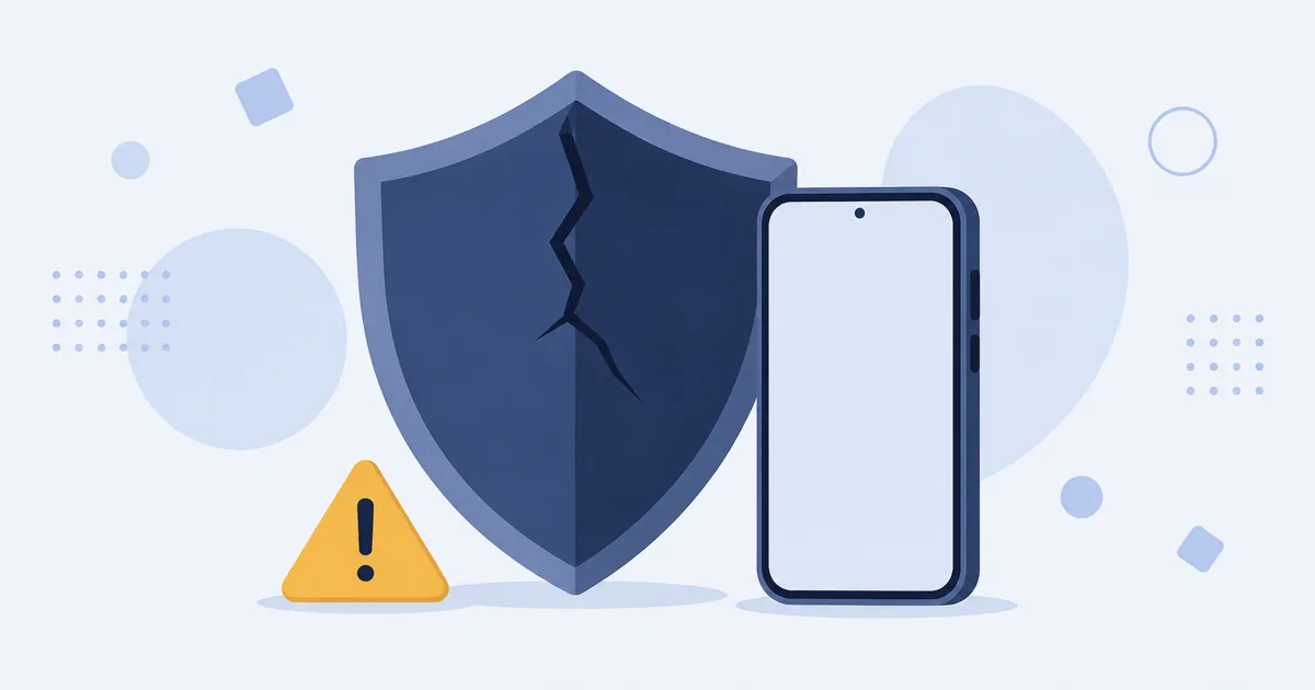 ひび割れた盾のアイコンとスマートフォン、警告の三角マーク