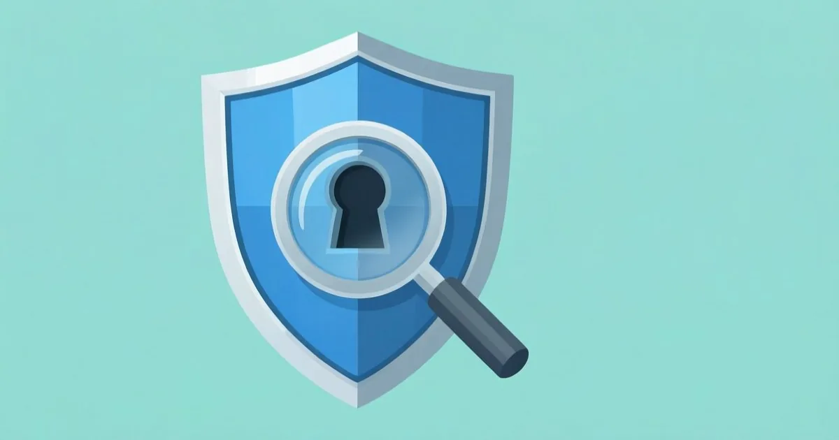 a Windows-style shield icon with a magnifying glass revealing a hidden backdoor, clean flat illustration, no text or logos