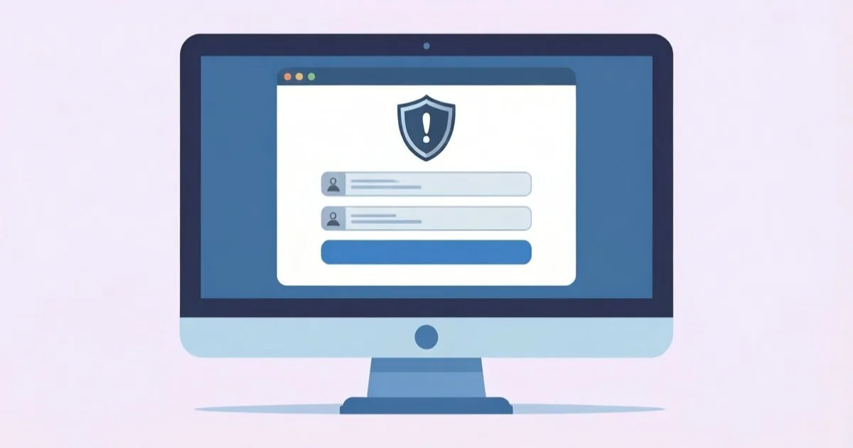 a computer screen showing a wordpress login page with a warning shield icon, clean flat illustration, no text or logos