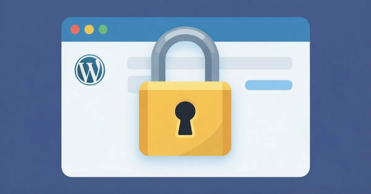 a padlock icon overlaid on a wordpress admin dashboard screen, clean flat illustration, no text or logos