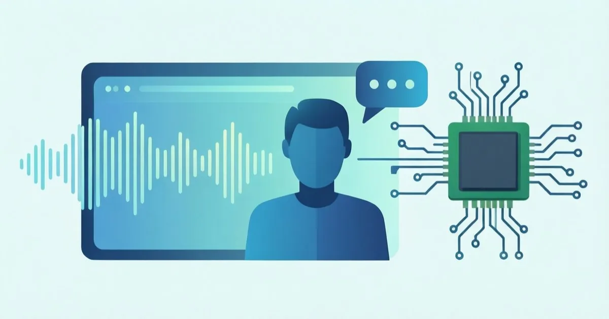 a voice assistant interface with sound waves flowing between a person and an AI, clean flat illustration, no text or logos