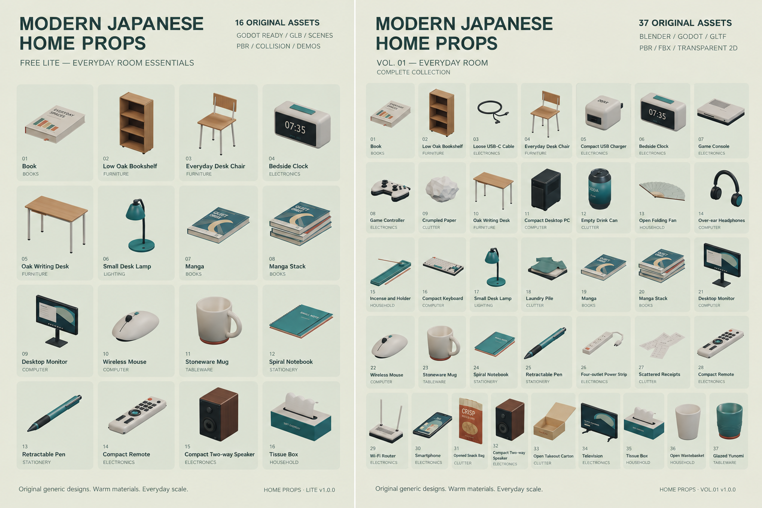 無料Liteの16点と有料Vol.01の37点を並べた製品画像。机、本、モニター、時計など日本の暮らしの3D素材。