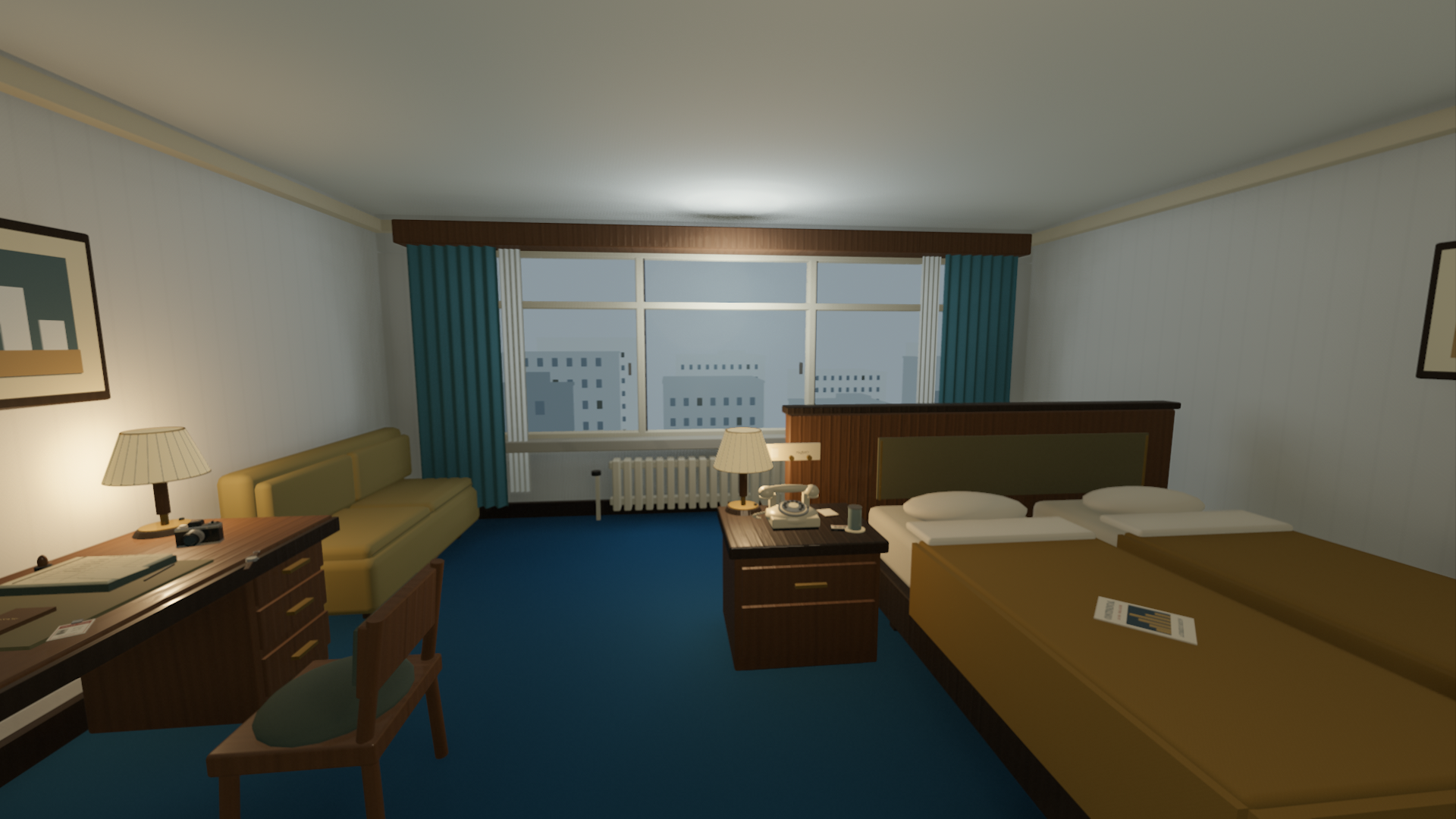 HOTEL 1980の公開ゲーム画面。青いカーテンの客室にベッド、電話、机とカメラが置かれている。